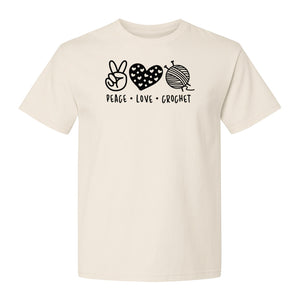 Peace Love Crochet T-Shirt, Yarn Ball Graphic for Crocheters and Craft Lovers
