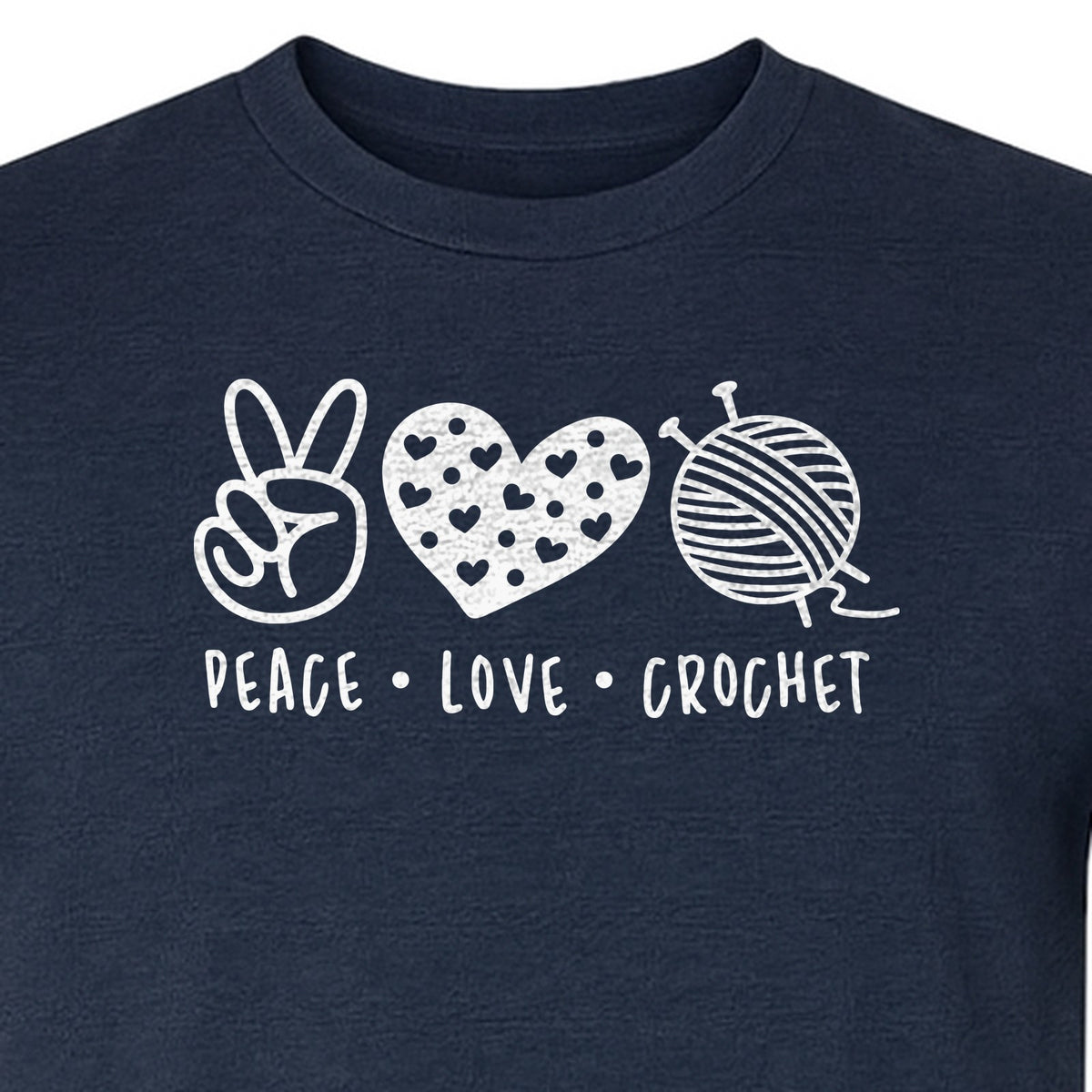 Peace Love Crochet T-Shirt, Yarn Ball Graphic for Crocheters and Craft Lovers