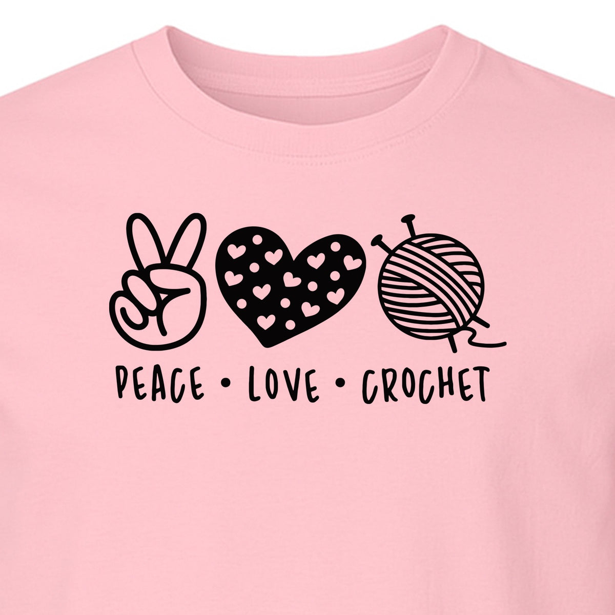 Peace Love Crochet T-Shirt, Yarn Ball Graphic for Crocheters and Craft Lovers