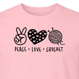 Peace Love Crochet T-Shirt, Yarn Ball Graphic for Crocheters and Craft Lovers
