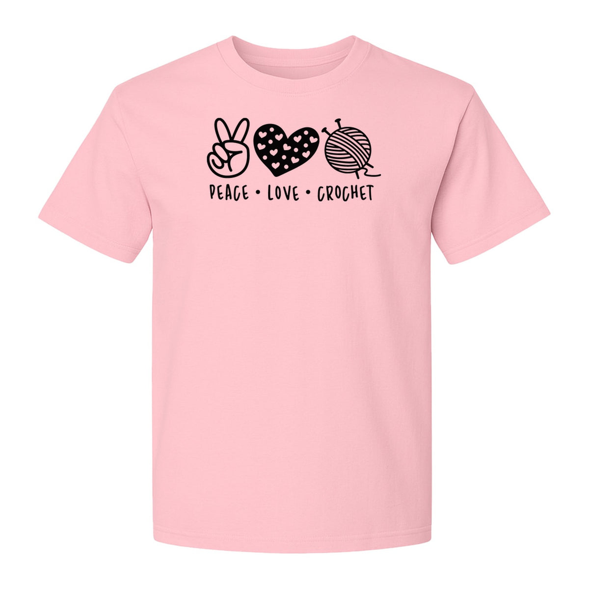 Peace Love Crochet T-Shirt, Yarn Ball Graphic for Crocheters and Craft Lovers