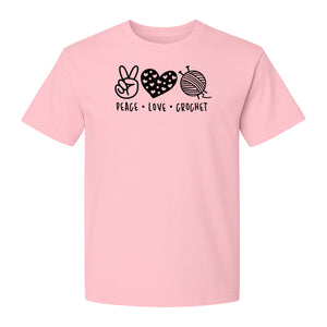 Peace Love Crochet T-Shirt, Yarn Ball Graphic for Crocheters and Craft Lovers