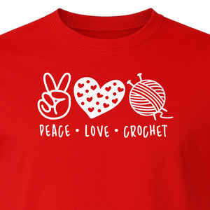 Peace Love Crochet T-Shirt, Yarn Ball Graphic for Crocheters and Craft Lovers
