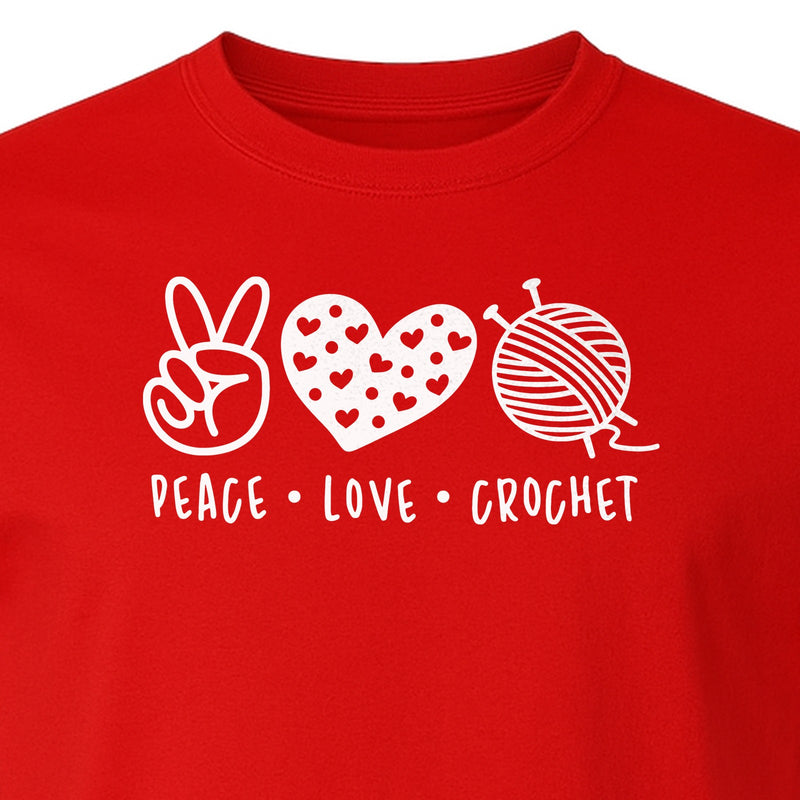 Peace Love Crochet T-Shirt, Yarn Ball Graphic for Crocheters and Craft Lovers