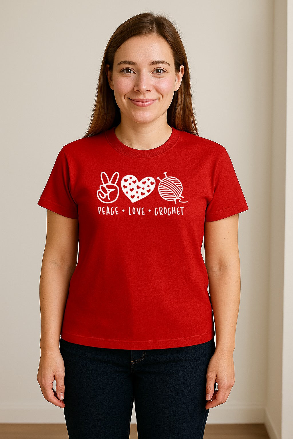 Peace Love Crochet T-Shirt, Yarn Ball Graphic for Crocheters and Craft Lovers