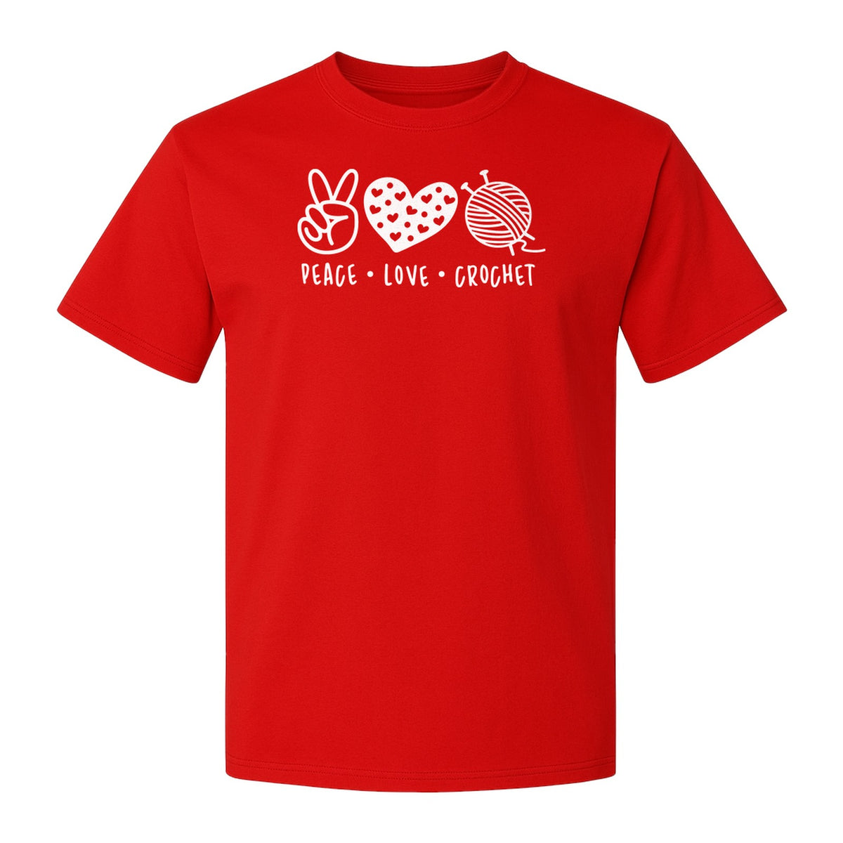 Peace Love Crochet T-Shirt, Yarn Ball Graphic for Crocheters and Craft Lovers