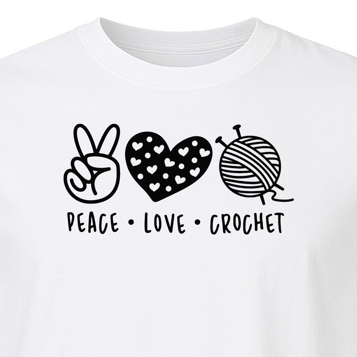 Peace Love Crochet T-Shirt, Yarn Ball Graphic for Crocheters and Craft Lovers