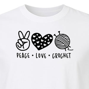 Peace Love Crochet T-Shirt, Yarn Ball Graphic for Crocheters and Craft Lovers