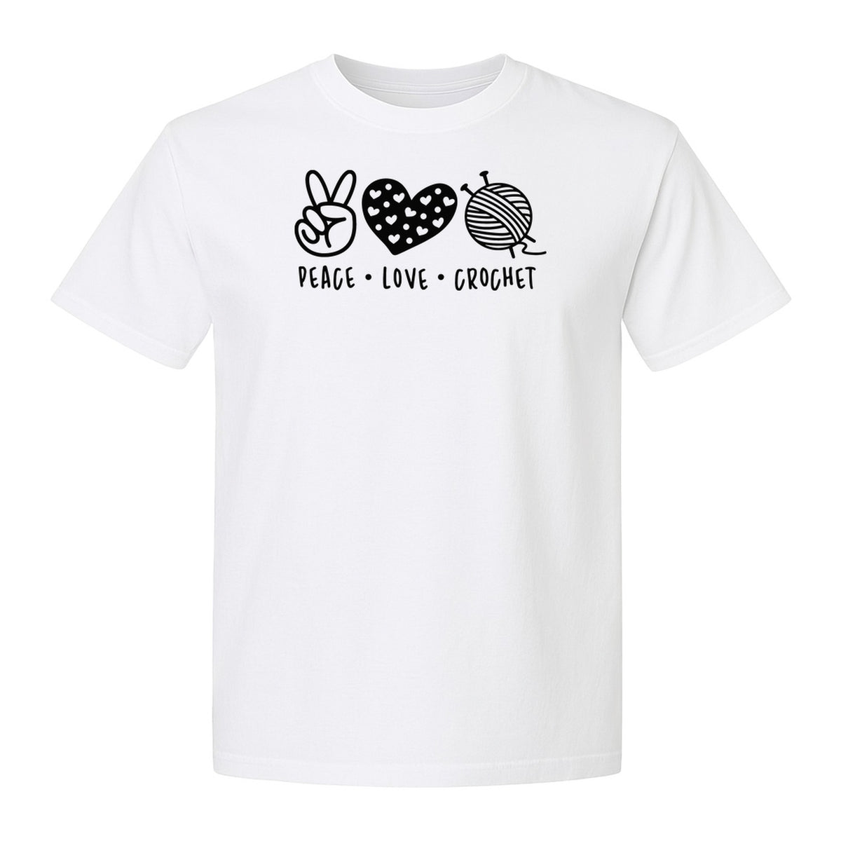 Peace Love Crochet T-Shirt, Yarn Ball Graphic for Crocheters and Craft Lovers