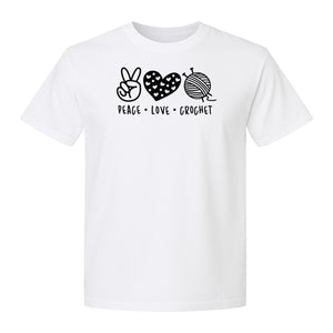 Peace Love Crochet T-Shirt, Yarn Ball Graphic for Crocheters and Craft Lovers