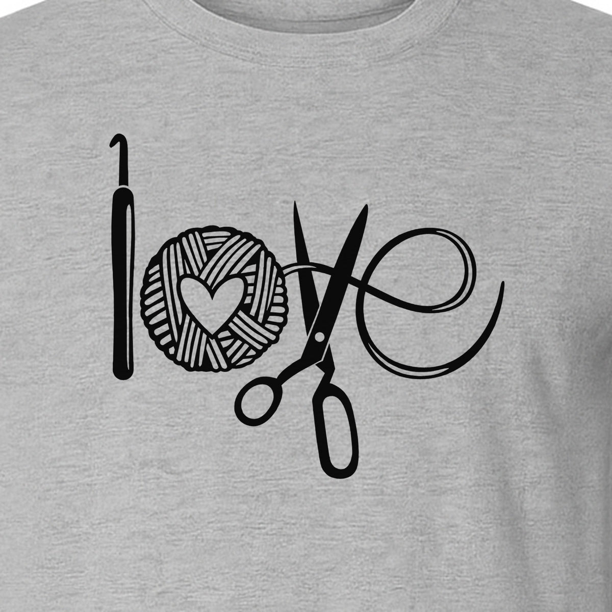 Crochet T-Shirt, Yarn Ball Heart and Scissors Graphic for Knitters and Fiber Crafters