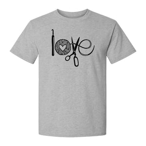 Crochet T-Shirt, Yarn Ball Heart and Scissors Graphic for Knitters and Fiber Crafters
