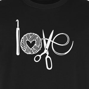 Crochet T-Shirt, Yarn Ball Heart and Scissors Graphic for Knitters and Fiber Crafters