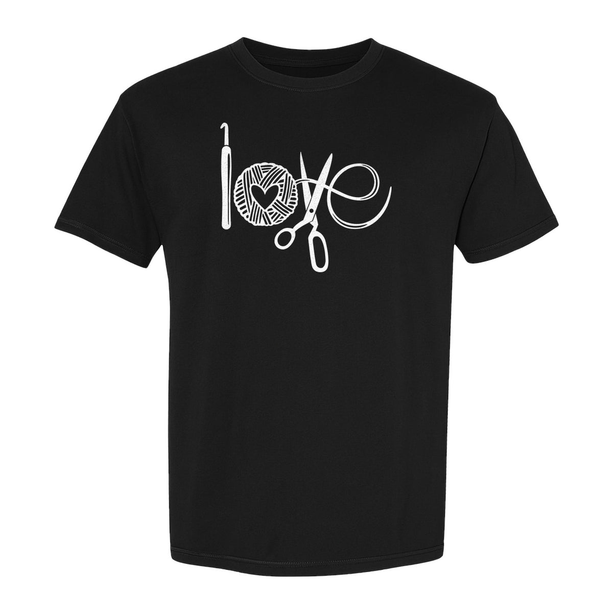 Crochet T-Shirt, Yarn Ball Heart and Scissors Graphic for Knitters and Fiber Crafters