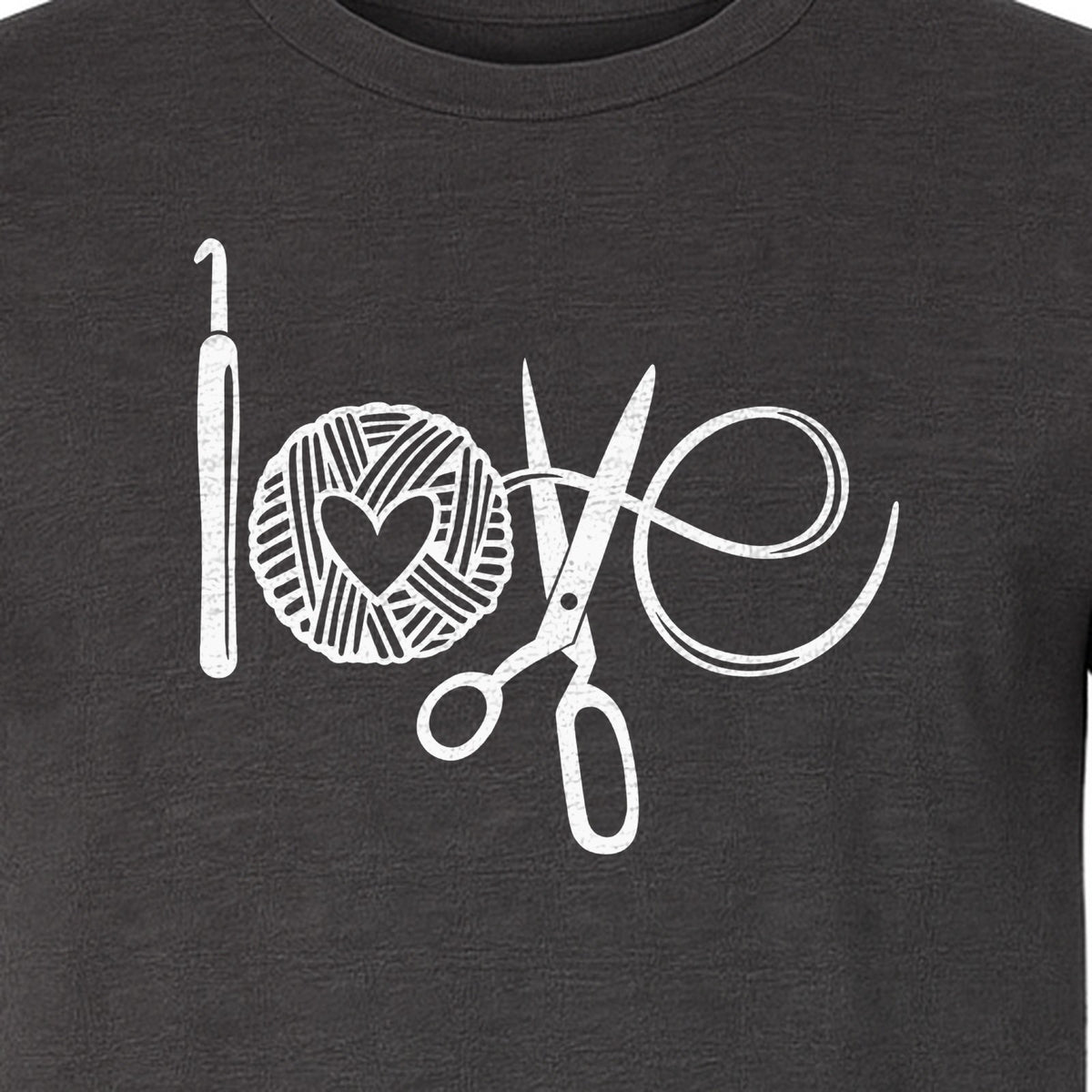 Crochet T-Shirt, Yarn Ball Heart and Scissors Graphic for Knitters and Fiber Crafters