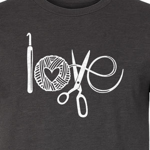 Crochet T-Shirt, Yarn Ball Heart and Scissors Graphic for Knitters and Fiber Crafters