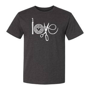 Crochet T-Shirt, Yarn Ball Heart and Scissors Graphic for Knitters and Fiber Crafters
