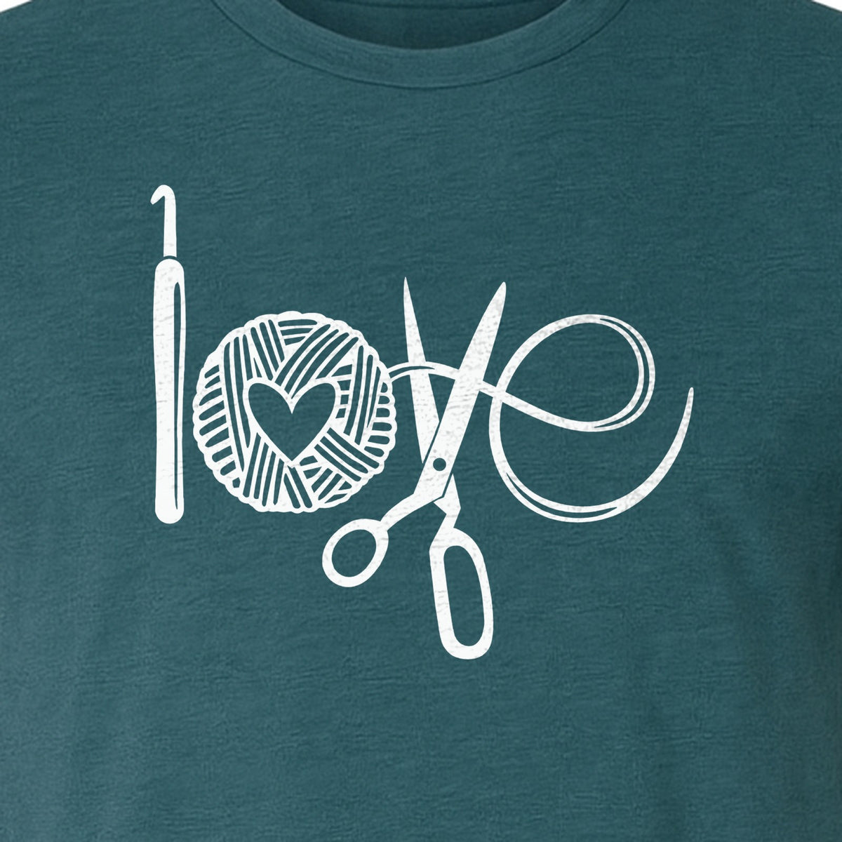 Crochet T-Shirt, Yarn Ball Heart and Scissors Graphic for Knitters and Fiber Crafters