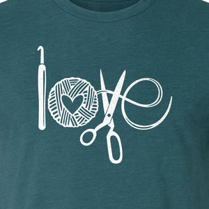 Crochet T-Shirt, Yarn Ball Heart and Scissors Graphic for Knitters and Fiber Crafters