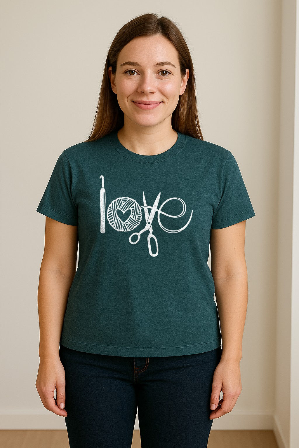 Crochet T-Shirt, Yarn Ball Heart and Scissors Graphic for Knitters and Fiber Crafters