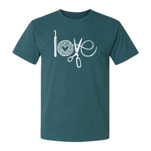 Crochet T-Shirt, Yarn Ball Heart and Scissors Graphic for Knitters and Fiber Crafters