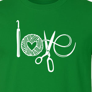 Crochet T-Shirt, Yarn Ball Heart and Scissors Graphic for Knitters and Fiber Crafters