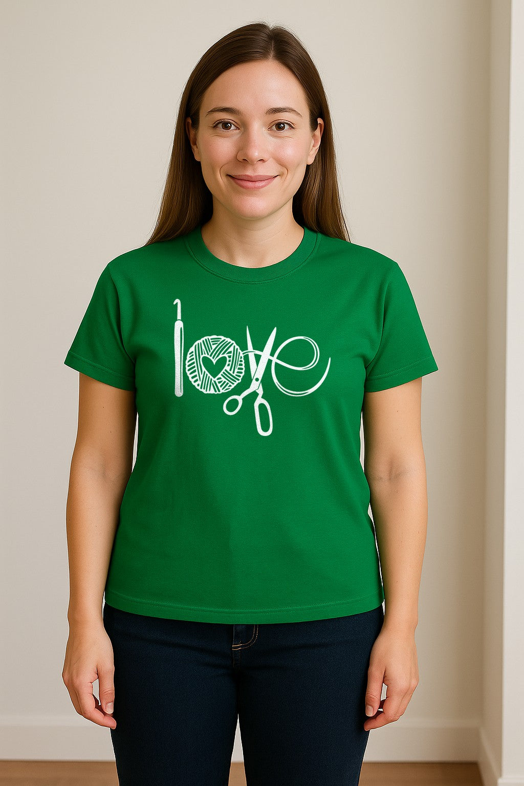 Crochet T-Shirt, Yarn Ball Heart and Scissors Graphic for Knitters and Fiber Crafters