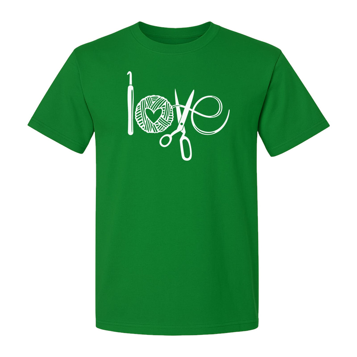Crochet T-Shirt, Yarn Ball Heart and Scissors Graphic for Knitters and Fiber Crafters