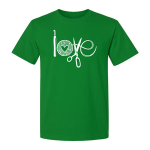 Crochet T-Shirt, Yarn Ball Heart and Scissors Graphic for Knitters and Fiber Crafters