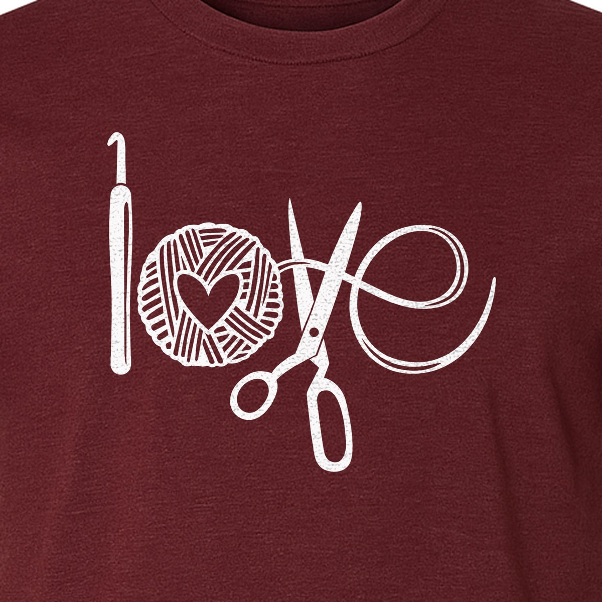 Crochet T-Shirt, Yarn Ball Heart and Scissors Graphic for Knitters and Fiber Crafters