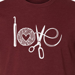 Crochet T-Shirt, Yarn Ball Heart and Scissors Graphic for Knitters and Fiber Crafters