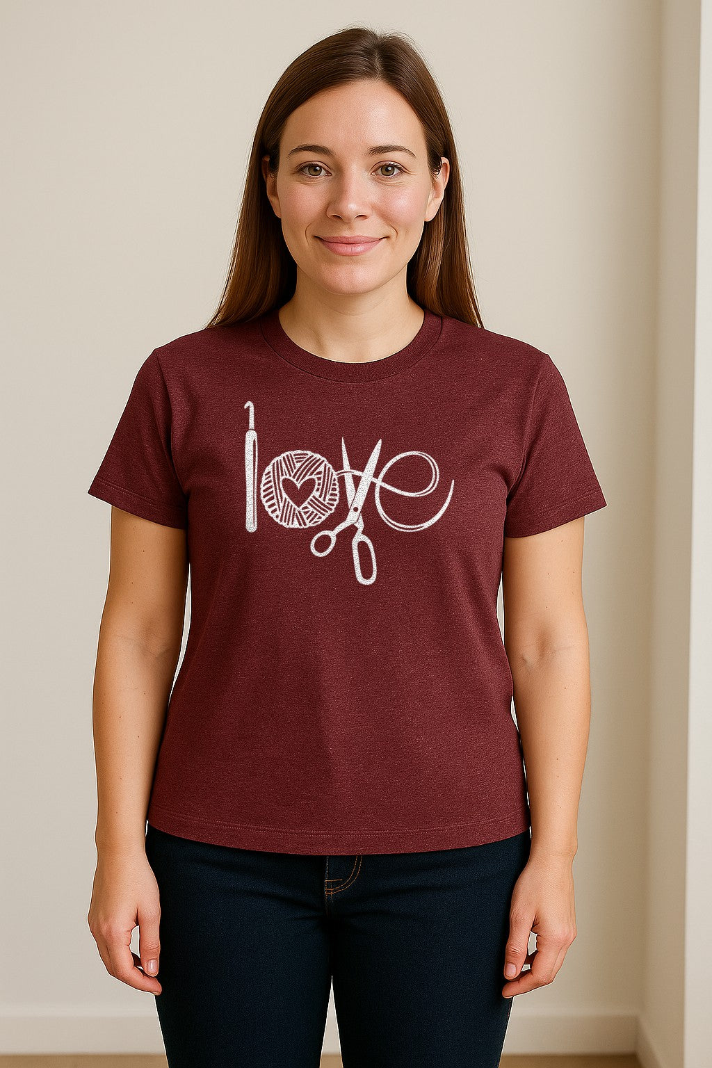 Crochet T-Shirt, Yarn Ball Heart and Scissors Graphic for Knitters and Fiber Crafters