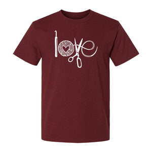 Crochet T-Shirt, Yarn Ball Heart and Scissors Graphic for Knitters and Fiber Crafters