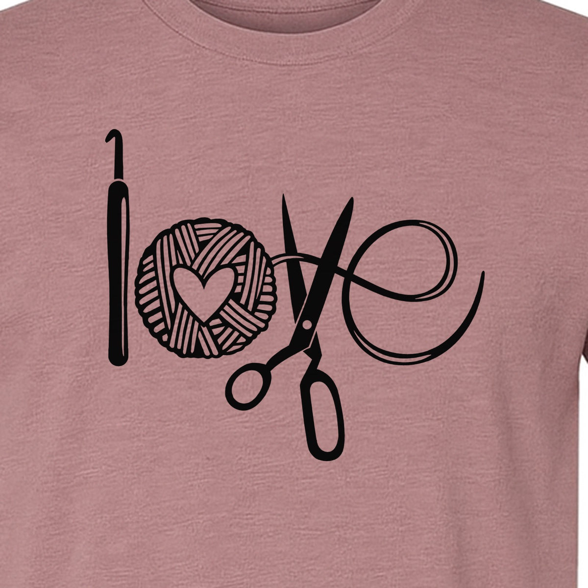 Crochet T-Shirt, Yarn Ball Heart and Scissors Graphic for Knitters and Fiber Crafters