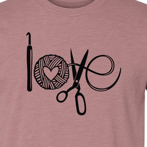 Crochet T-Shirt, Yarn Ball Heart and Scissors Graphic for Knitters and Fiber Crafters
