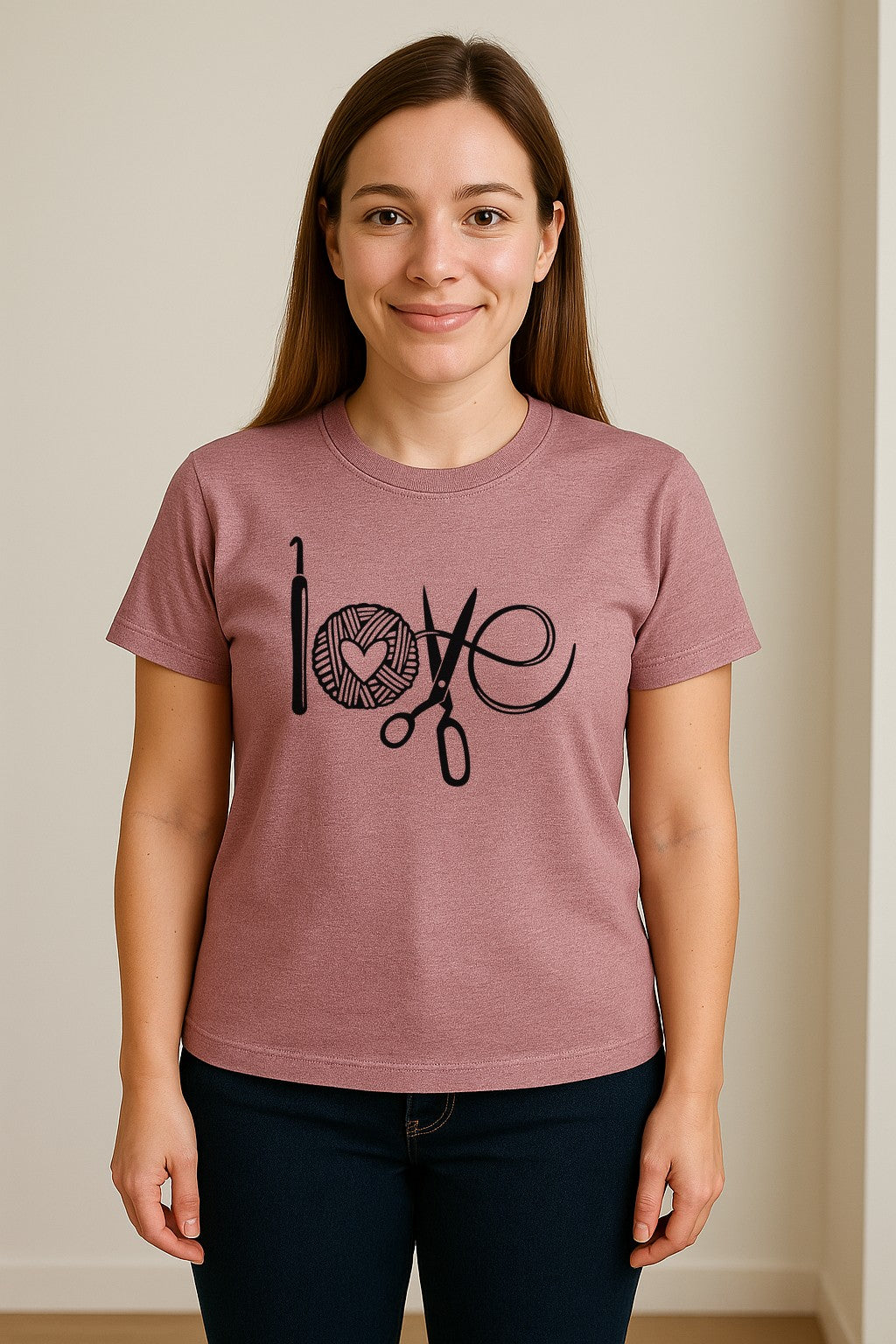 Crochet T-Shirt, Yarn Ball Heart and Scissors Graphic for Knitters and Fiber Crafters