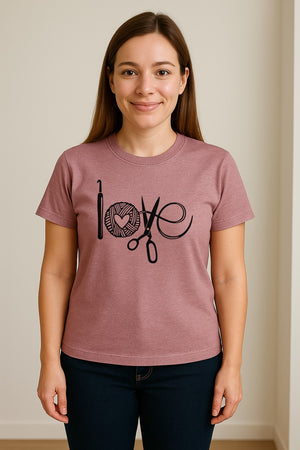 Crochet T-Shirt, Yarn Ball Heart and Scissors Graphic for Knitters and Fiber Crafters