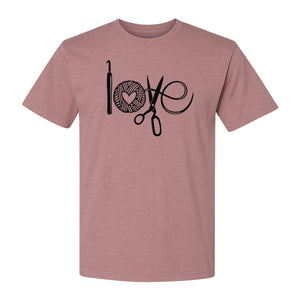 Crochet T-Shirt, Yarn Ball Heart and Scissors Graphic for Knitters and Fiber Crafters