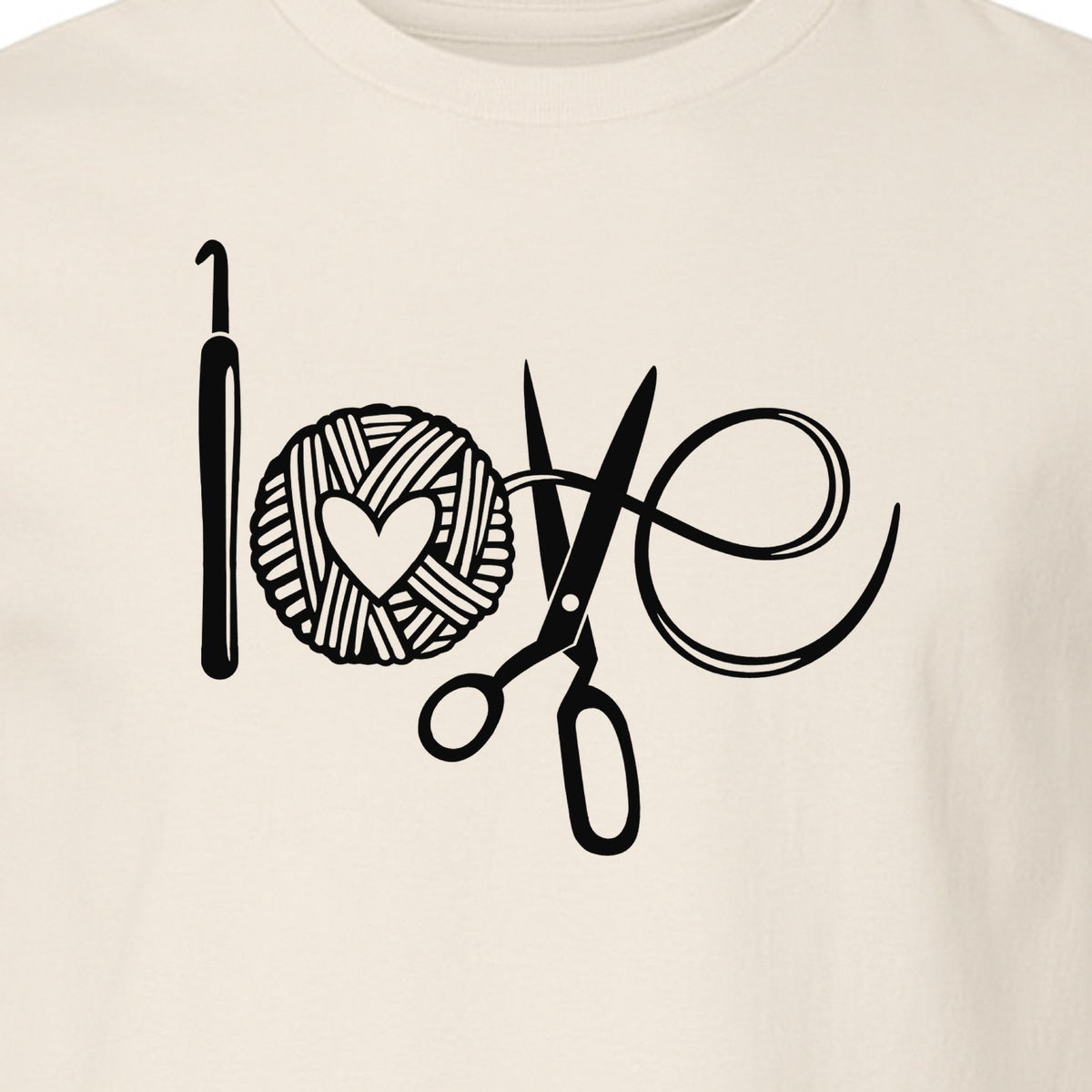 Crochet T-Shirt, Yarn Ball Heart and Scissors Graphic for Knitters and Fiber Crafters