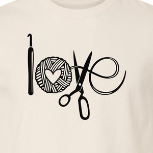 Crochet T-Shirt, Yarn Ball Heart and Scissors Graphic for Knitters and Fiber Crafters