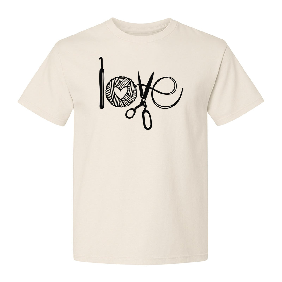 Crochet T-Shirt, Yarn Ball Heart and Scissors Graphic for Knitters and Fiber Crafters