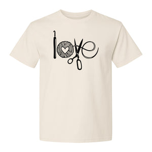 Crochet T-Shirt, Yarn Ball Heart and Scissors Graphic for Knitters and Fiber Crafters