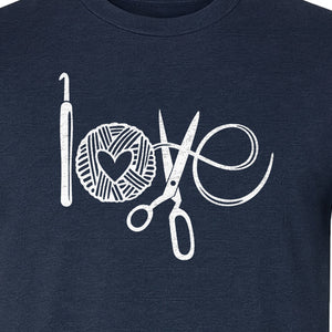 Crochet T-Shirt, Yarn Ball Heart and Scissors Graphic for Knitters and Fiber Crafters