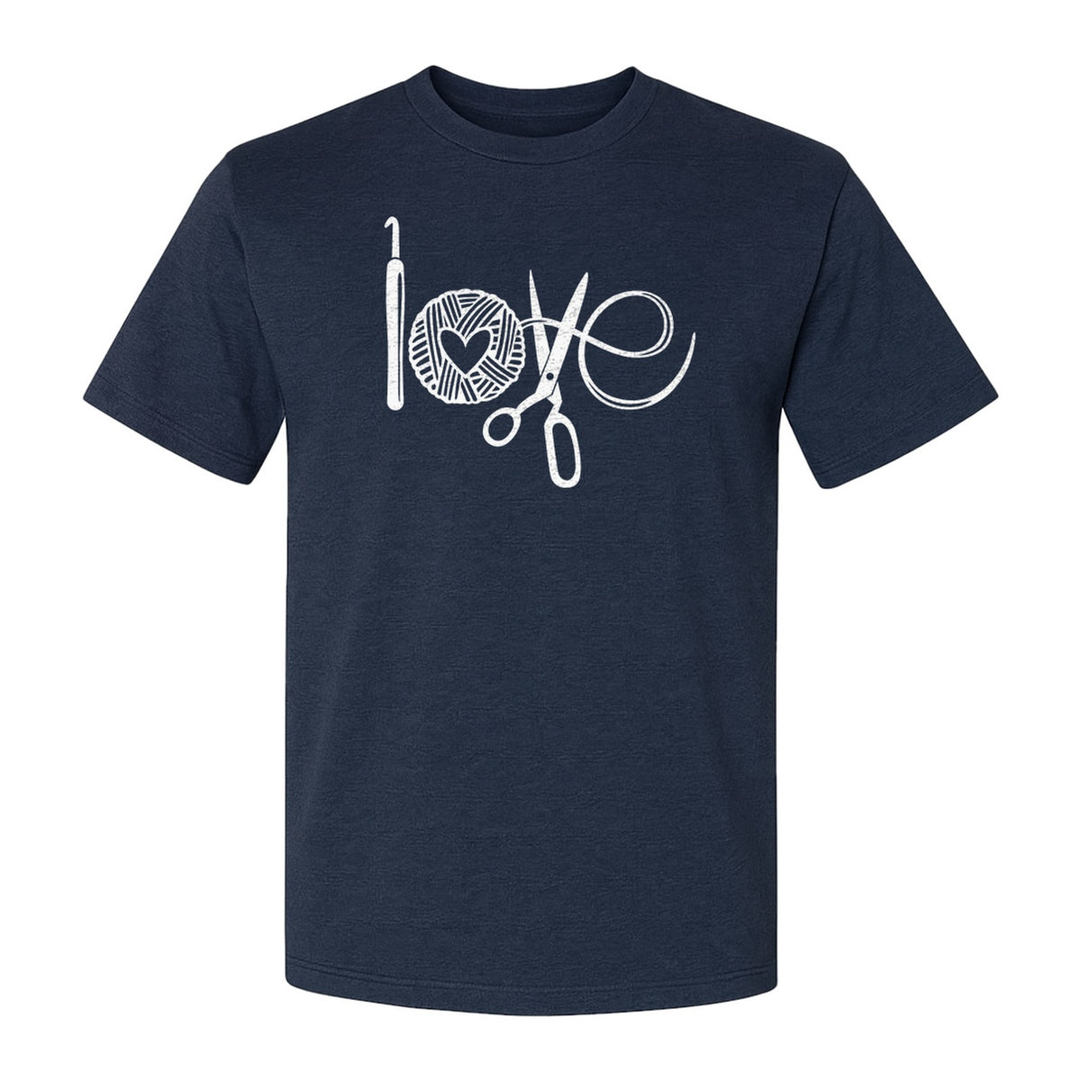 Crochet T-Shirt, Yarn Ball Heart and Scissors Graphic for Knitters and Fiber Crafters