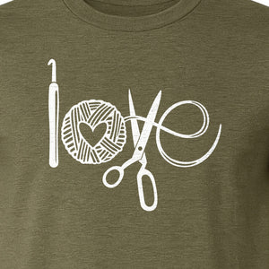 Crochet T-Shirt, Yarn Ball Heart and Scissors Graphic for Knitters and Fiber Crafters