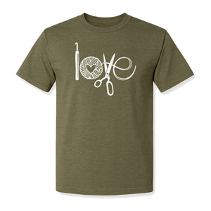 Crochet T-Shirt, Yarn Ball Heart and Scissors Graphic for Knitters and Fiber Crafters