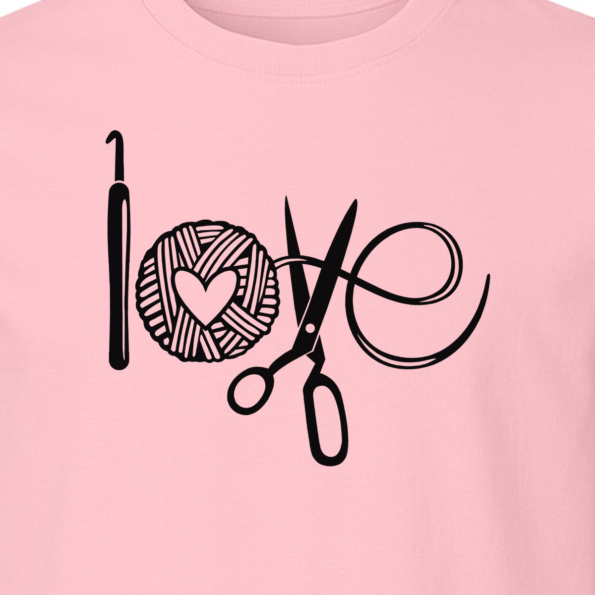 Crochet T-Shirt, Yarn Ball Heart and Scissors Graphic for Knitters and Fiber Crafters