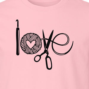 Crochet T-Shirt, Yarn Ball Heart and Scissors Graphic for Knitters and Fiber Crafters