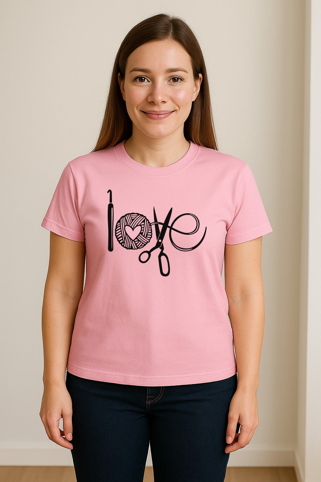 Crochet T-Shirt, Yarn Ball Heart and Scissors Graphic for Knitters and Fiber Crafters