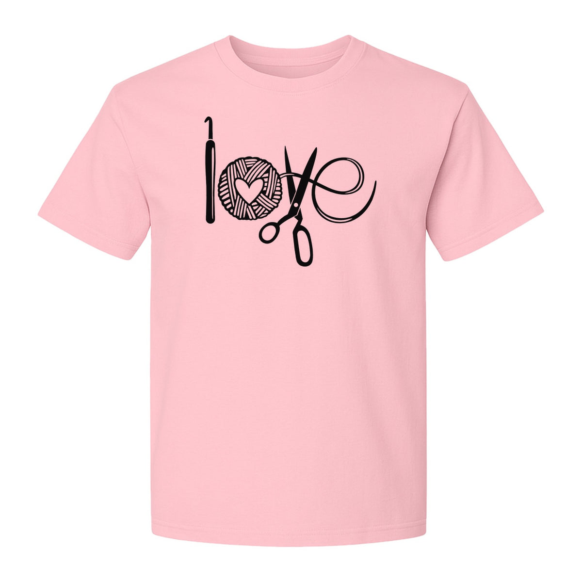 Crochet T-Shirt, Yarn Ball Heart and Scissors Graphic for Knitters and Fiber Crafters
